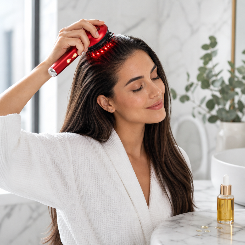 Brosse massante électrique LED Hairliss noire vue de face avec lumières infrarouges rouges allumées difuseur huiles essentiels femme qui utilise sur ses cheveux 