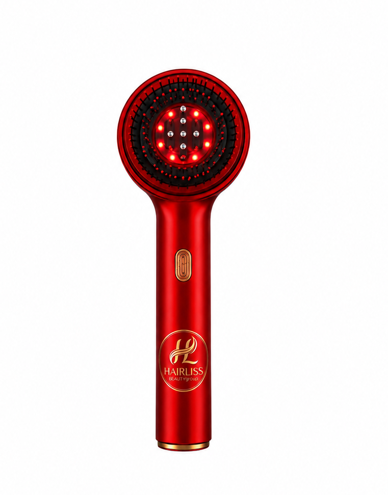 Brosse massante électrique LED Hairliss noire vue de face avec lumières infrarouges rouges allumées difuseur huiles essentiels