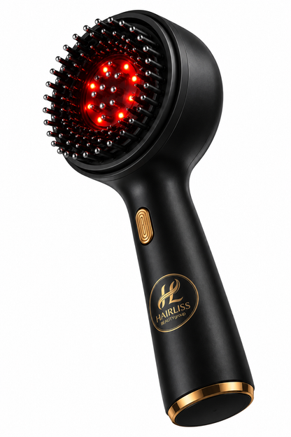 Brosse massante électrique LED Hairliss noire vue de face avec lumières infrarouges rouges allumées difuseur huiles essentiels