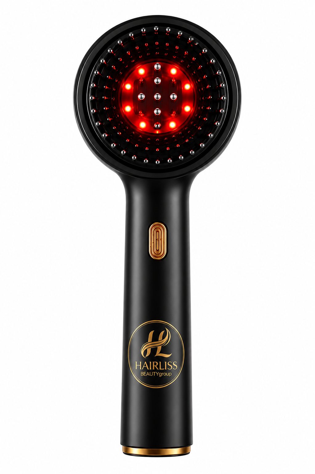 Brosse massante électrique LED Hairliss noire vue de face avec lumières infrarouges rouges allumées difuseur huiles essentiels