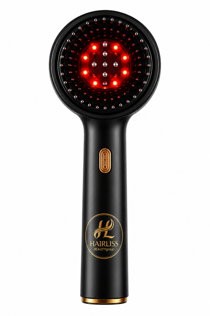 Brosse massante électrique LED Hairliss noire vue de face avec lumières infrarouges rouges allumées difuseur huiles essentiels
